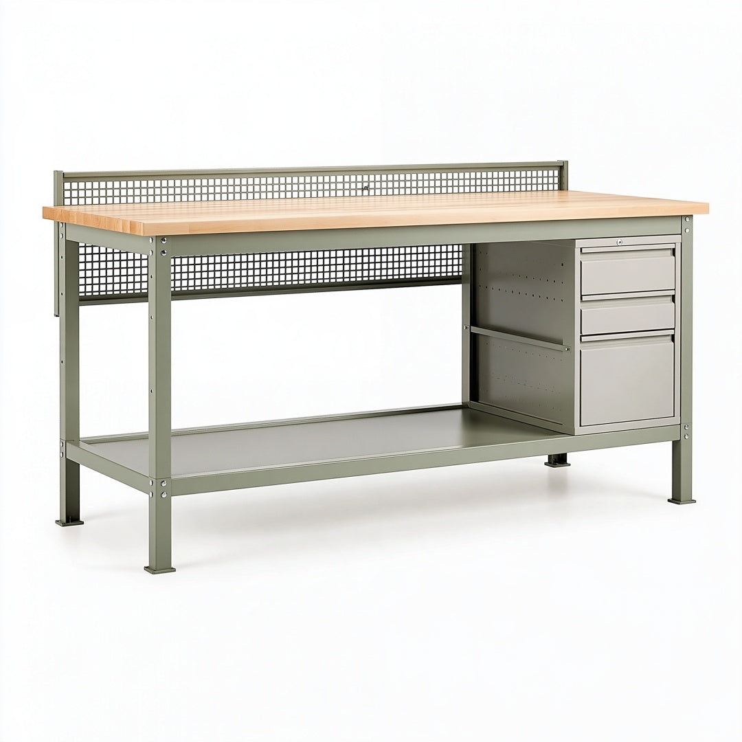Banco da lavoro 180 x 70 x 90 cm in acciaio e legno verde oliva con cassetti stile industriale