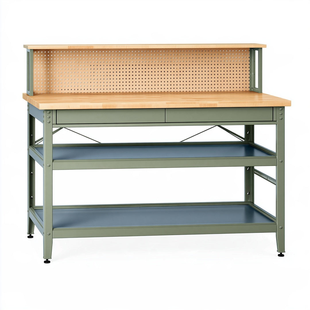 Banco da lavoro 120 x 60 x 150 cm in metallo verde e legno con cassetti ripiani e pannello forato