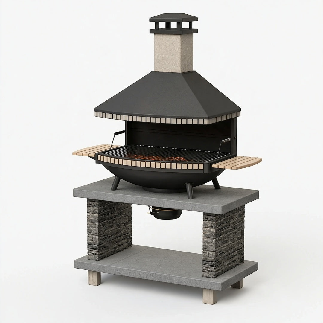 Barbecue da giardino 140 x 80 x 210 cm in acciaio nero con pietra e griglia stile rustico