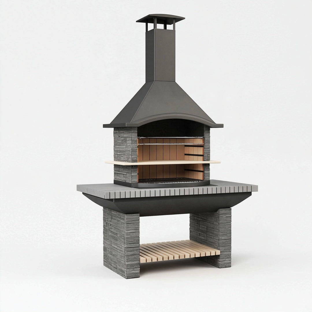 Barbecue da giardino 120 x 70 x 230 cm in acciaio e pietra grigio antracite - con cappa e griglia