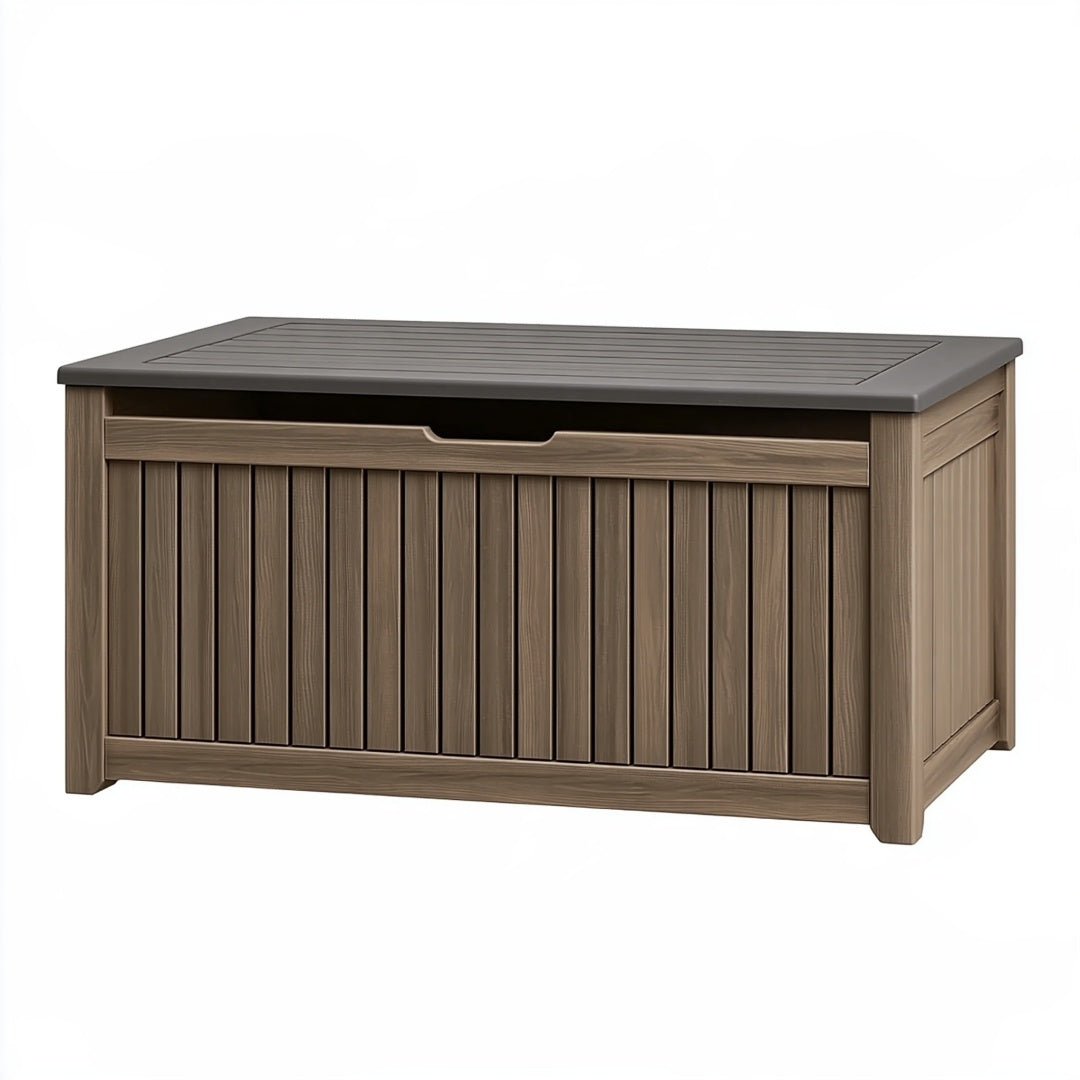 Cassapanca da esterno 120 x 60 x 65 cm in resina marrone effetto legno con coperchio a ribalta stile moderno