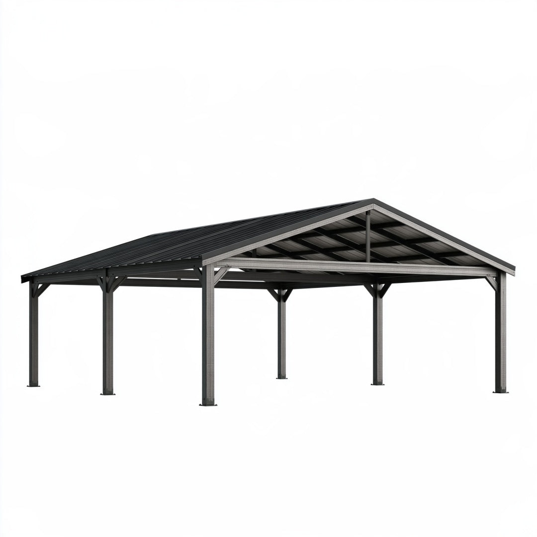 Tettoia autoportante 600 x 300 cm in acciaio grigio antracite con tetto a due falde per esterni