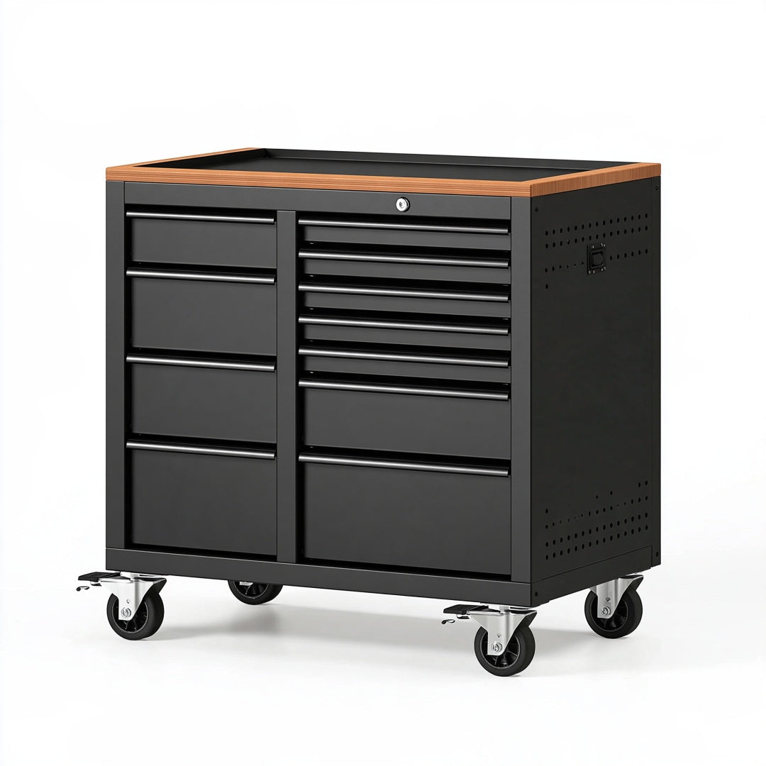 Cassettiera portautensili 110 x 55 x 95 cm in acciaio nero con piano effetto legno - mobile da officina con ruote