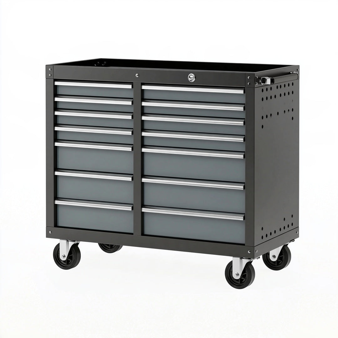 Cassettiera portautensili 110 x 48 x 100 cm in acciaio nero con 16 cassetti e ruote per officina