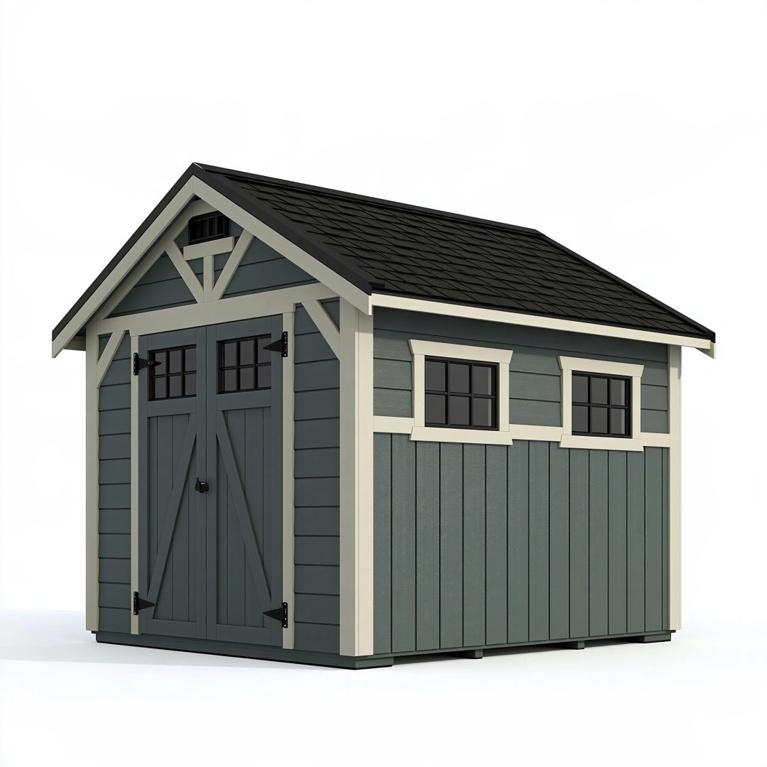 Casetta da giardino 300 x 240 x 250 cm in legno grigio antracite con doppia porta e finestre stile rustico