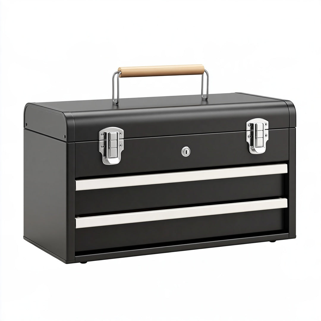 Cassetta portautensili 60 x 30 x 40 cm in metallo nero con manico in legno - organizzazione attrezzi