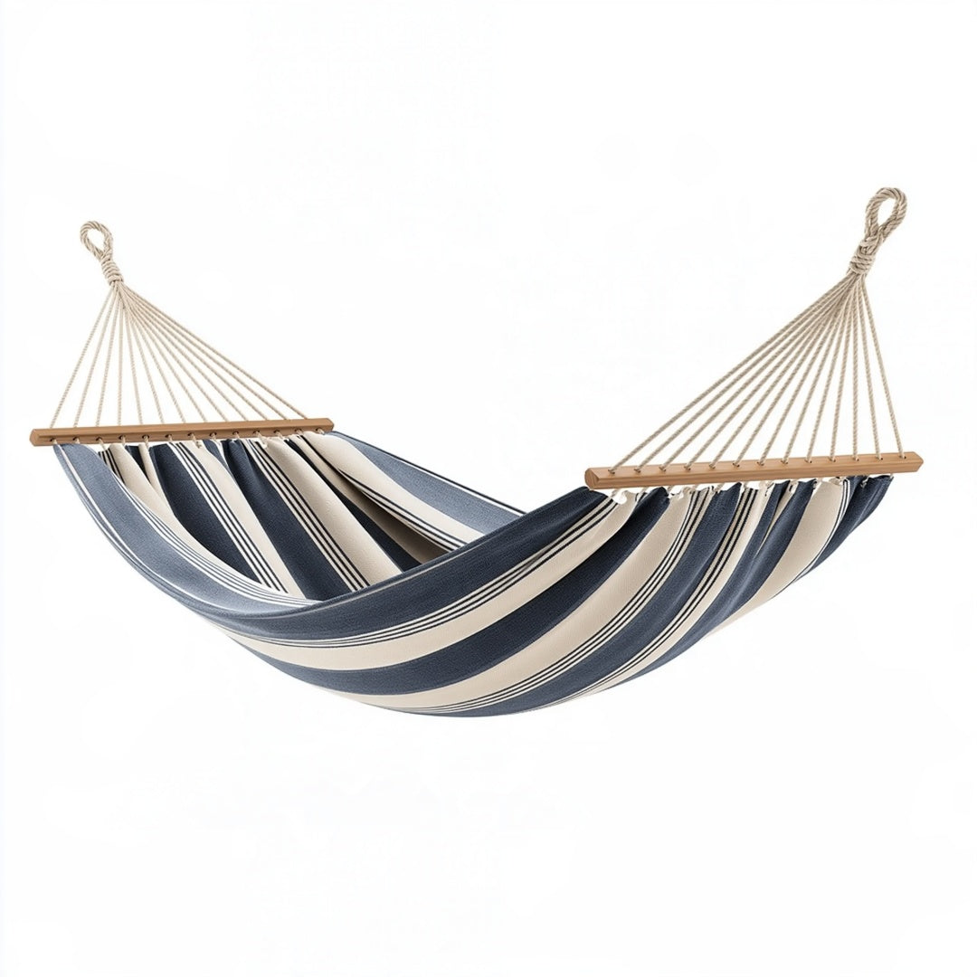 Amaca 300 x 100 cm in cotone blu e beige con barre in legno per giardino
