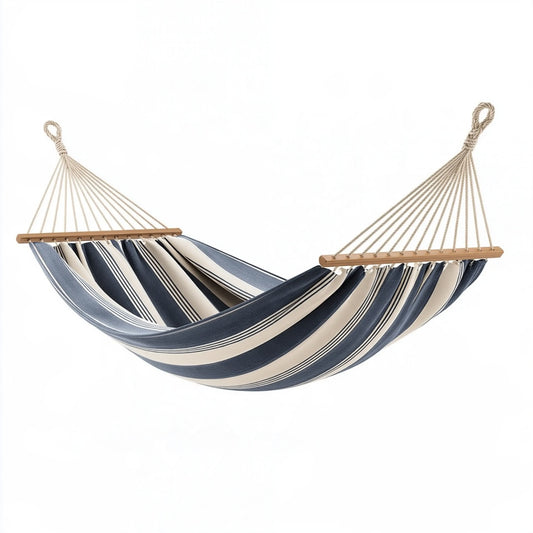 Amaca 300 x 100 cm in cotone blu e beige con barre in legno per giardino