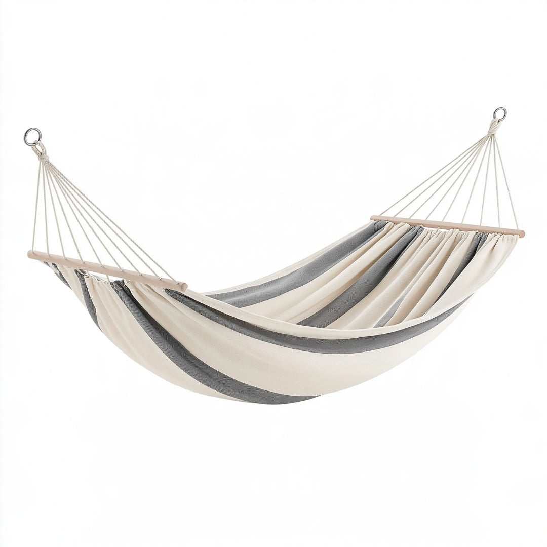 Amaca 300 x 150 cm in tessuto beige/grigio con barre in legno - sospesa per giardino