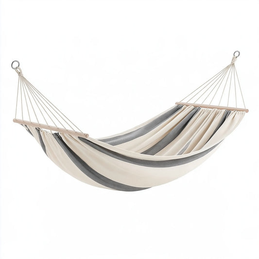Amaca 300 x 150 cm in tessuto beige/grigio con barre in legno - sospesa per giardino