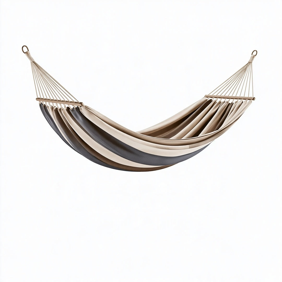 Amaca 200 x 100 cm in tessuto beige tortora grigio - sospesa con barre in legno