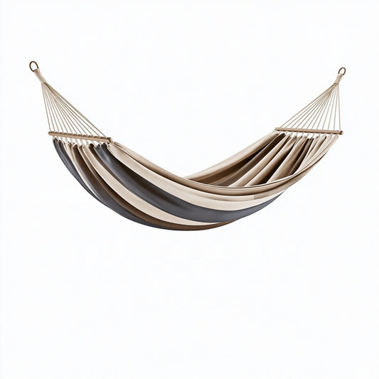 Amaca 200 x 100 cm in tessuto beige tortora grigio - sospesa con barre in legno