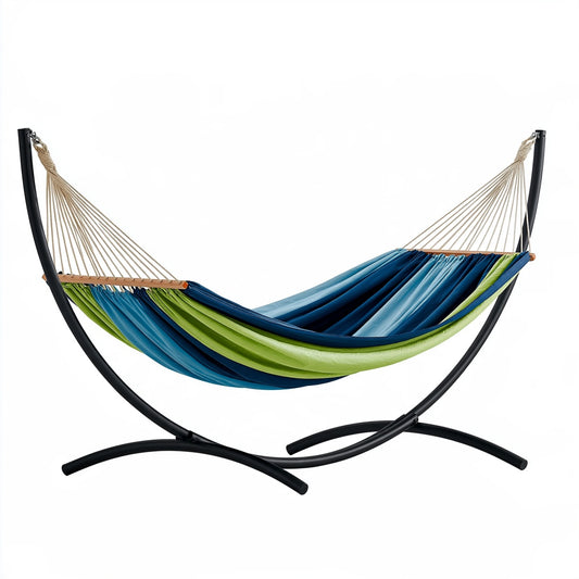 Amaca con supporto 300 x 100 x 110 cm in tessuto blu verde con struttura in metallo per esterno