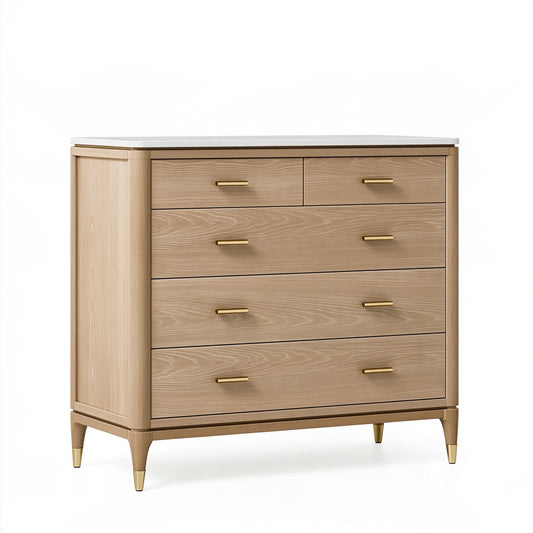 Cassettiera 100 x 45 x 100 cm in legno beige con piano bianco - stile moderno a 5 cassetti