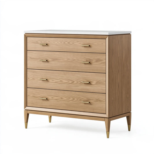 Cassettiera 100 x 45 x 110 cm in legno naturale con piano bianco a 4 cassetti stile moderno