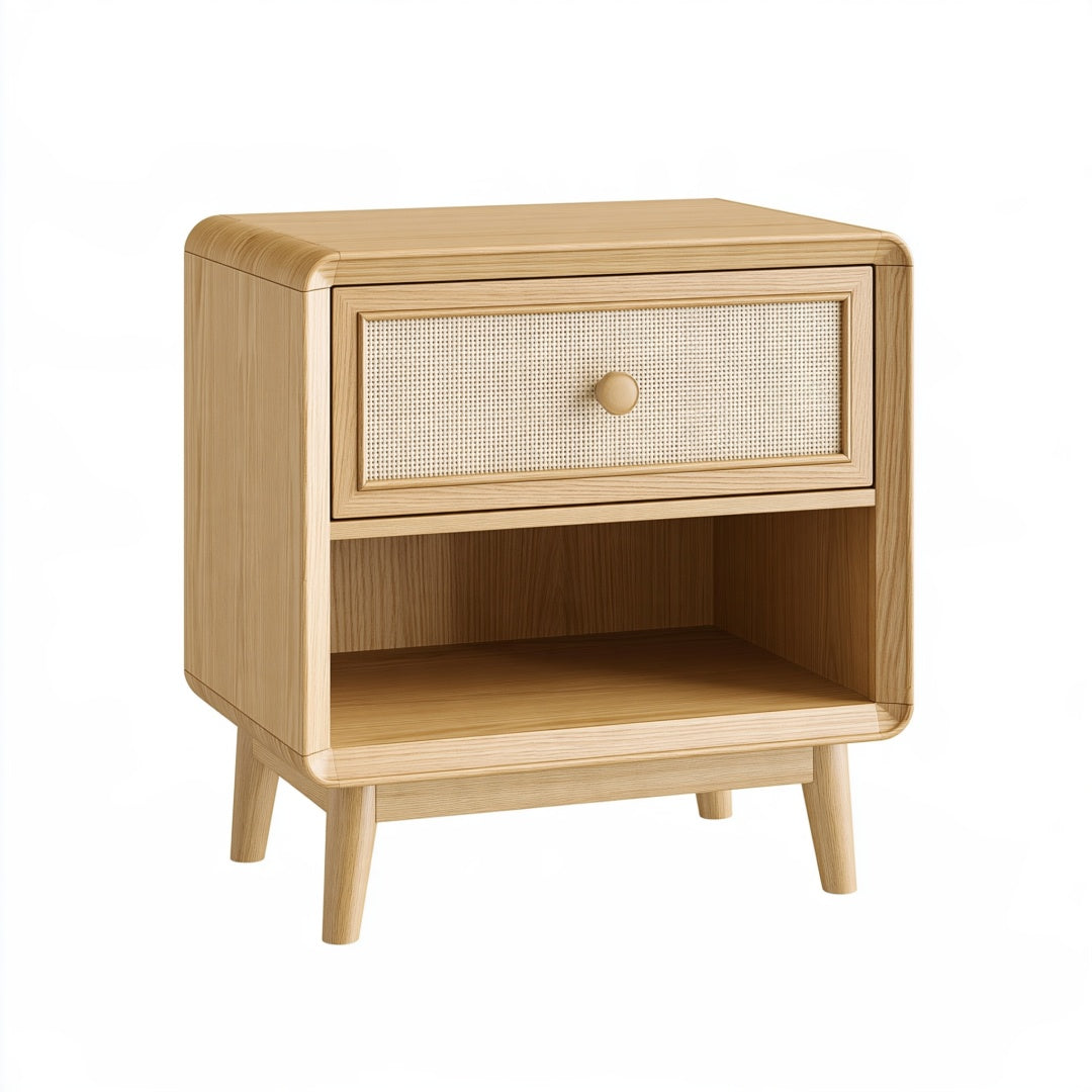 Comodino 45 x 40 x 60 cm in legno naturale con rattan - 1 cassetto stile retrò