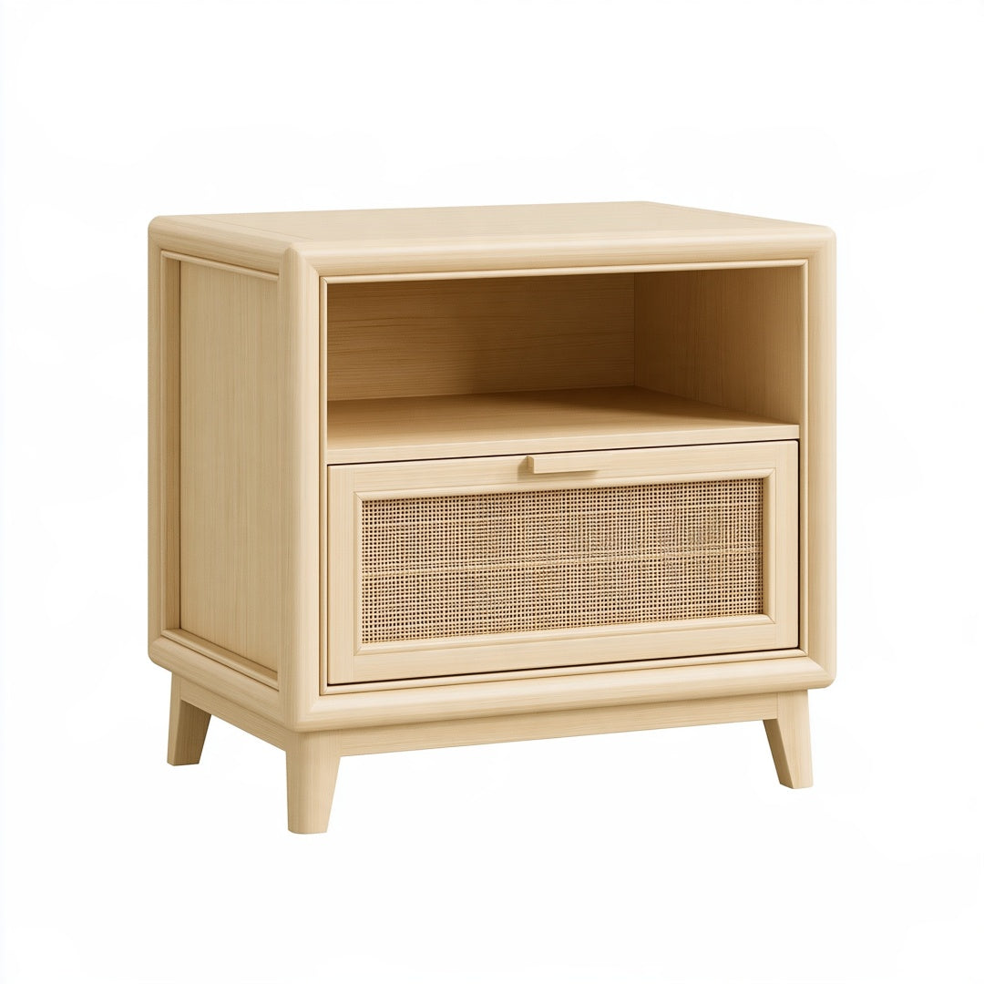Comodino 50 x 40 x 55 cm in legno naturale con anta in rattan - stile moderno