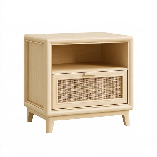 Comodino 50 x 40 x 55 cm in legno naturale con anta in rattan - stile moderno