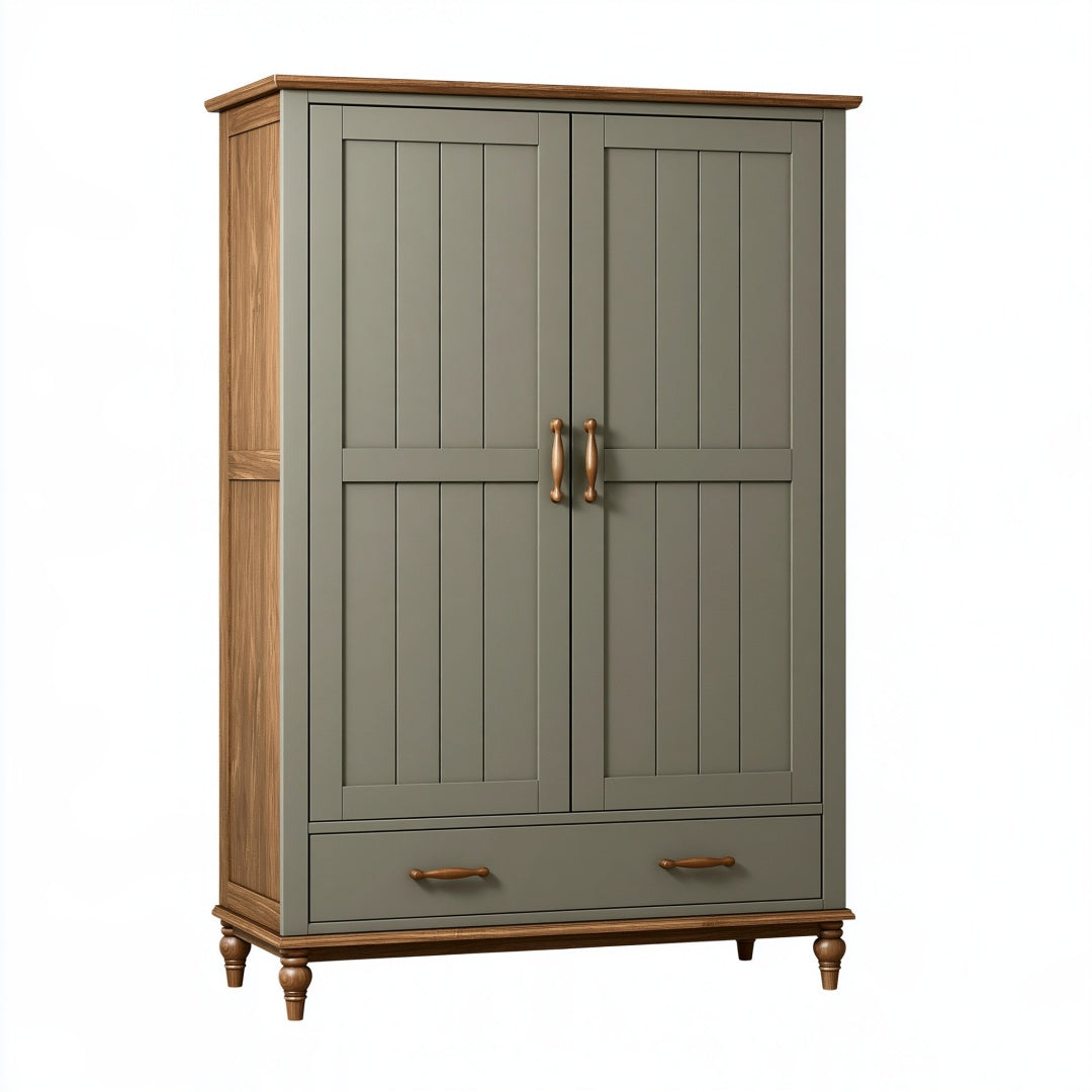 Armadio guardaroba 100 x 55 x 190 cm in legno verde oliva e legno naturale con 2 ante e cassetto stile rustico