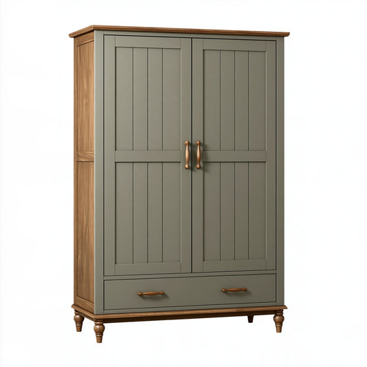 Armadio guardaroba 100 x 55 x 190 cm in legno verde oliva e legno naturale con 2 ante e cassetto stile rustico