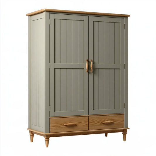 Armadio 100 x 55 x 180 cm in legno verde oliva e naturale - stile country con 2 ante e 2 cassetti