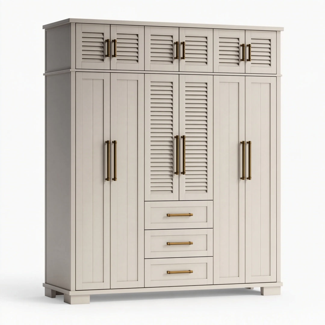 Armadio 180x60x220 cm in legno beige con ante a persiana e cassetti stile classico