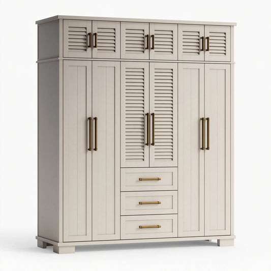 Armadio 180x60x220 cm in legno beige con ante a persiana e cassetti stile classico
