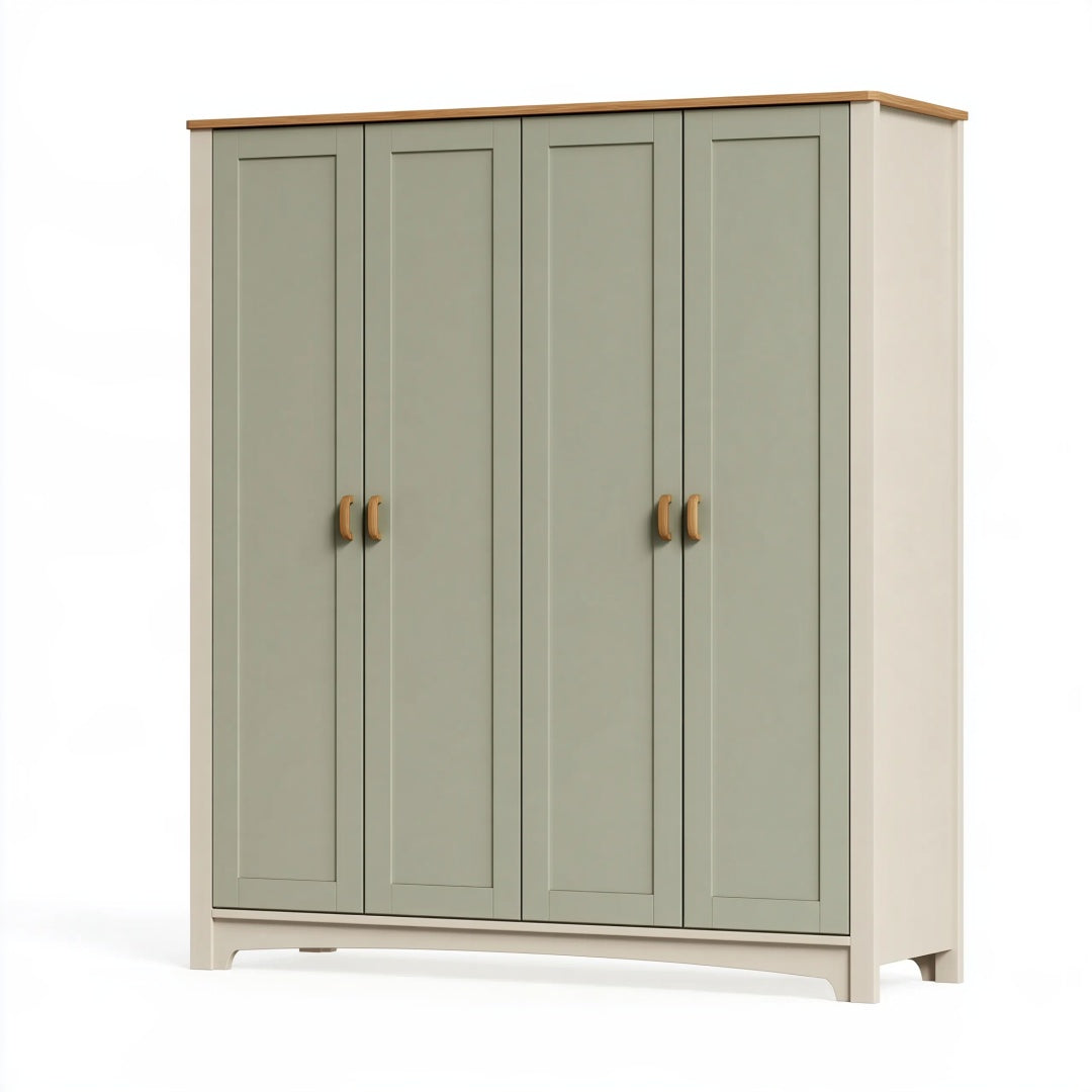Armadio guardaroba 200 x 55 x 200 cm in legno ingegnerizzato verde salvia e bianco stile classico a 4 ante