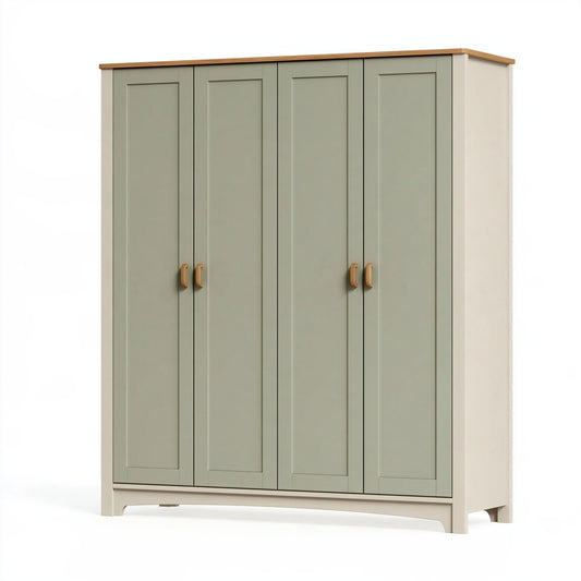 Armadio guardaroba 200 x 55 x 200 cm in legno ingegnerizzato verde salvia e bianco stile classico a 4 ante