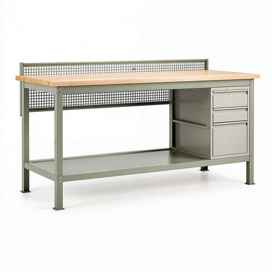 Banco da lavoro 180 x 70 x 90 cm in acciaio e legno verde oliva con cassetti stile industriale