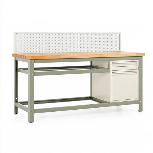 Banco da lavoro 160 x 60 x 150 cm in acciaio e legno verde con pannello portautensili e armadietto
