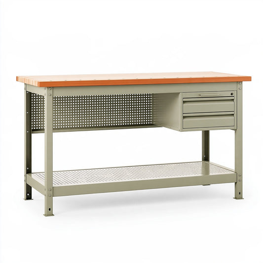 Banco da lavoro 120 cm in metallo e legno verde grigio con cassetti e ripiano