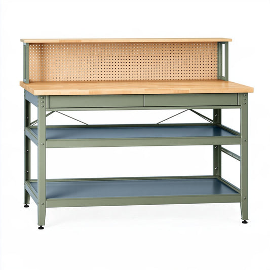 Banco da lavoro 120 x 60 x 150 cm in metallo verde e legno con cassetti ripiani e pannello forato