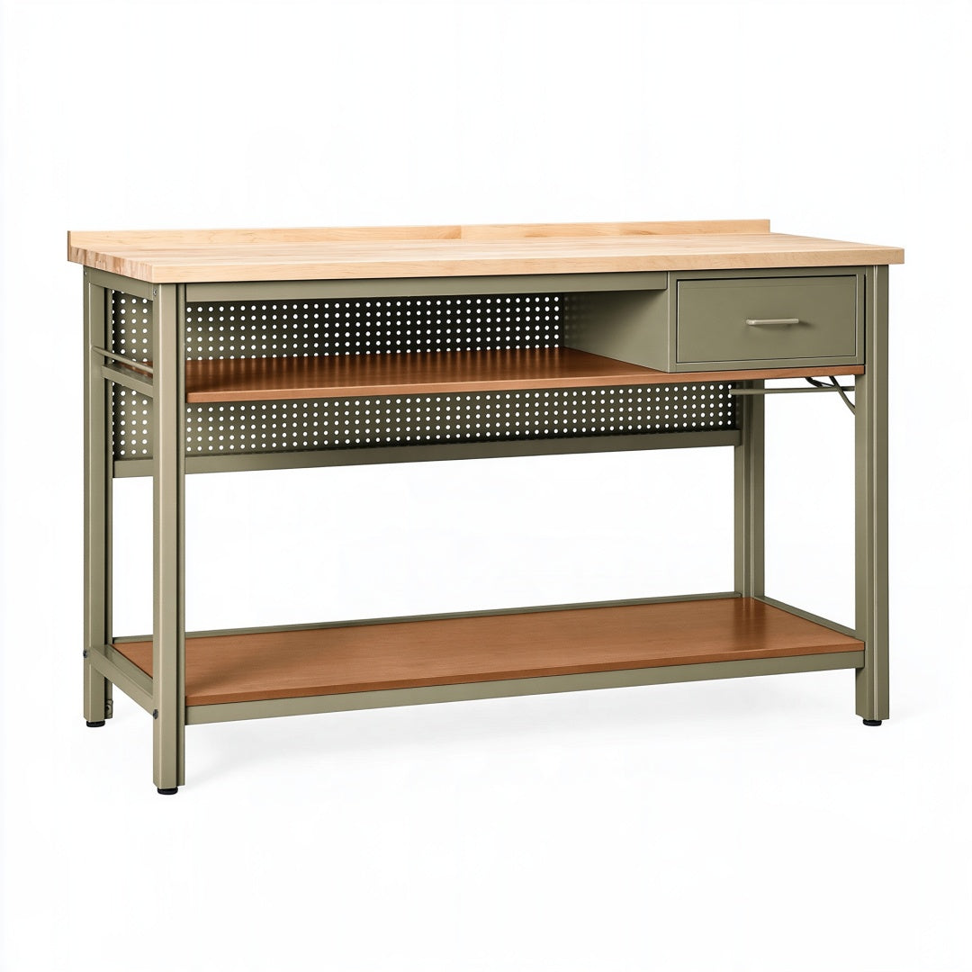 Banco da lavoro 120 x 60 x 90 cm in metallo verde oliva e legno con cassetto e ripiani