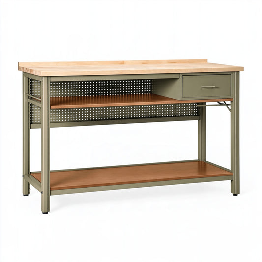 Banco da lavoro 120 x 60 x 90 cm in metallo verde oliva e legno con cassetto e ripiani
