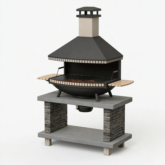 Barbecue da giardino 140 x 80 x 210 cm in acciaio nero con pietra e griglia stile rustico