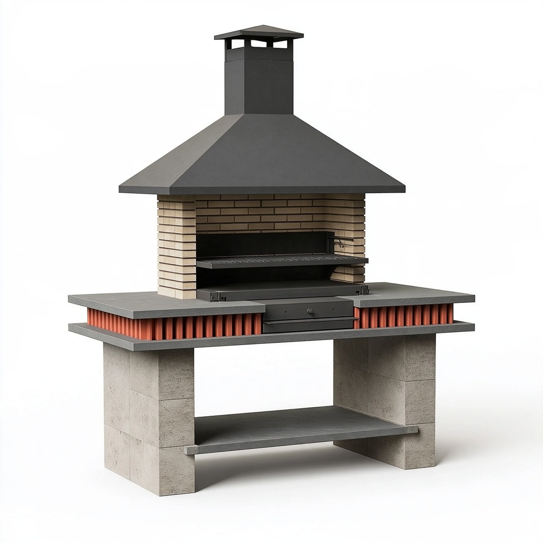 Barbecue da giardino 180 x 80 x 230 cm in muratura grigio nero con griglia e camino