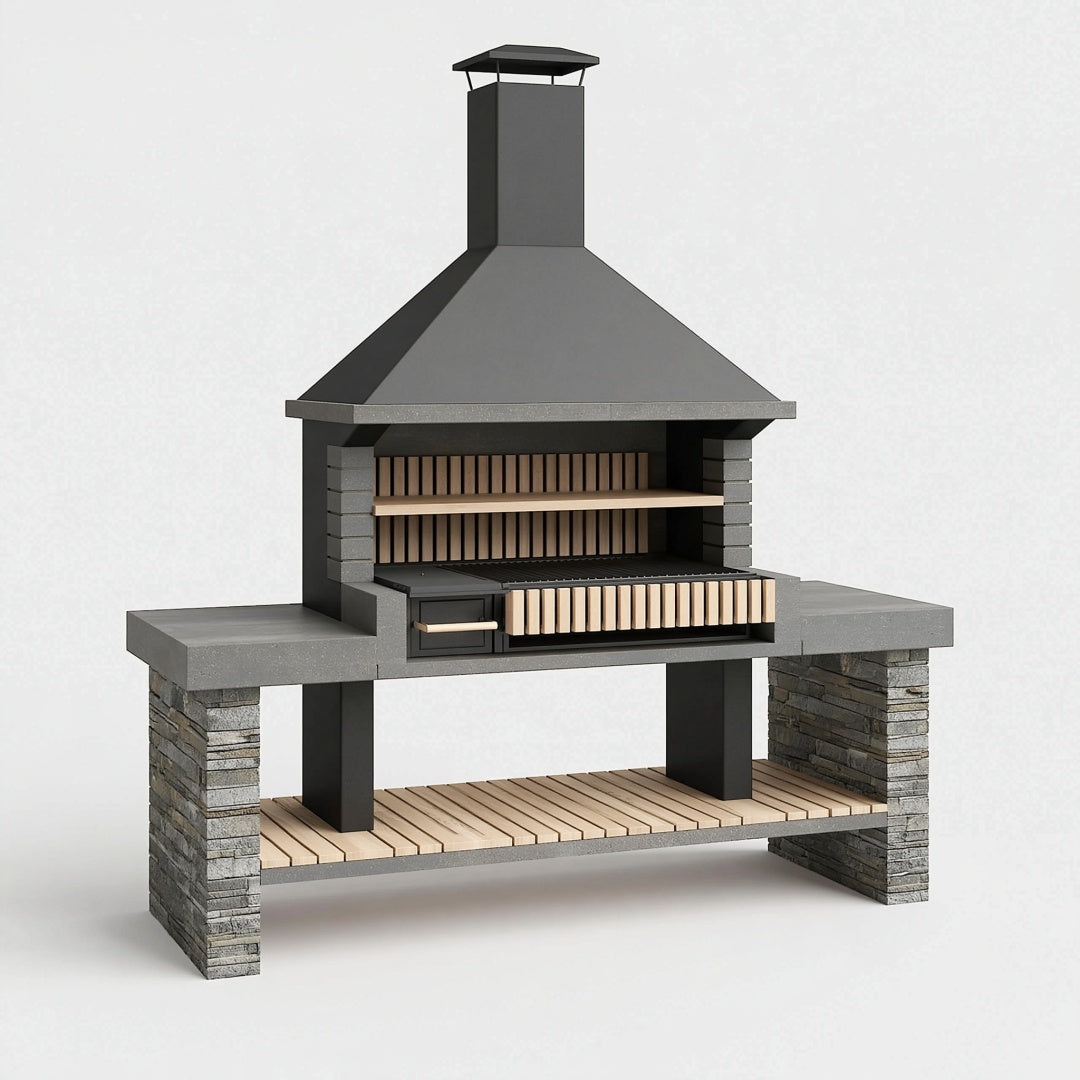 Barbecue da giardino 180 x 70 x 240 cm in pietra e metallo antracite con cappa