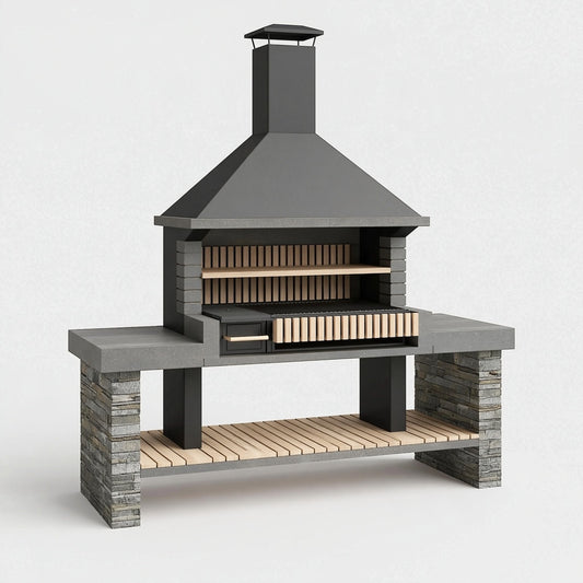 Barbecue da giardino 180 x 70 x 240 cm in pietra e metallo antracite con cappa
