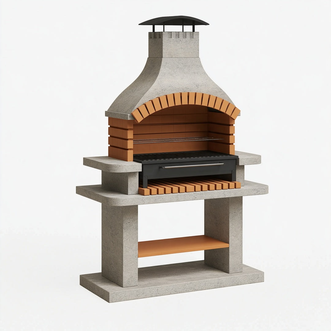 Barbecue da giardino 120 x 70 x 220 cm in calcestruzzo grigio e mattoni terracotta con cappa