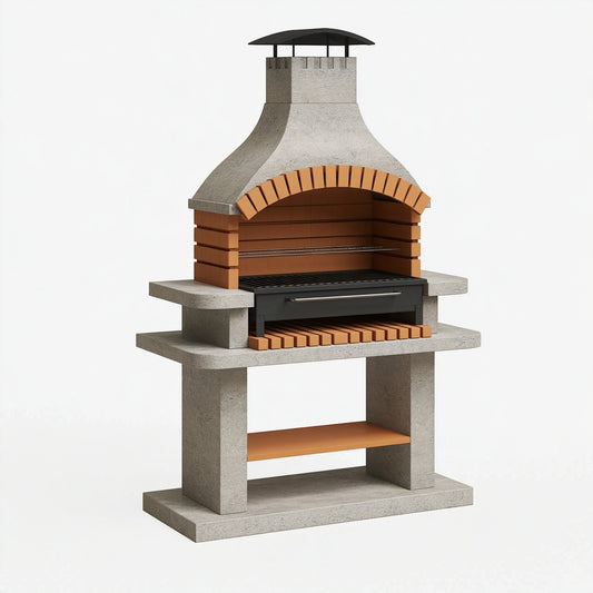 Barbecue da giardino 120 x 70 x 220 cm in calcestruzzo grigio e mattoni terracotta con cappa