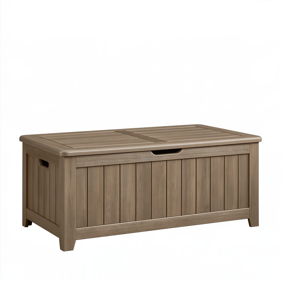 Cassapanca da esterno 120 x 55 x 60 cm in plastica effetto legno tortora con vano contenitore