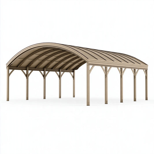 Tettoia autoportante 600 x 300 cm in acciaio beige con copertura curva per esterni