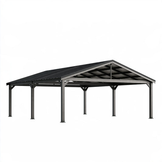 Tettoia autoportante 600 x 300 cm in acciaio grigio antracite con tetto a due falde per esterni
