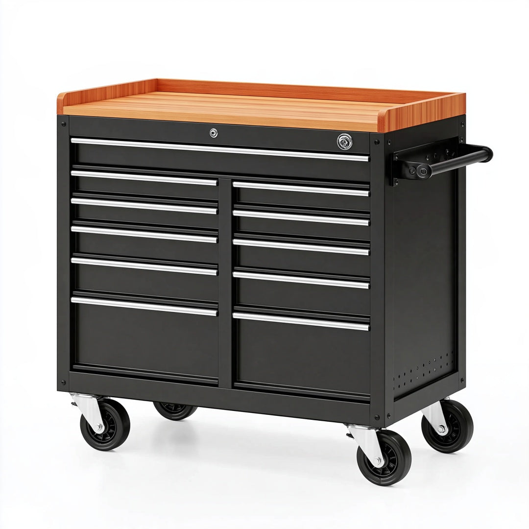 Carrello portautensili 100 x 50 x 95 cm in metallo nero con piano effetto legno su ruote