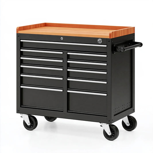 Carrello portautensili 100 x 50 x 95 cm in metallo nero con piano effetto legno su ruote