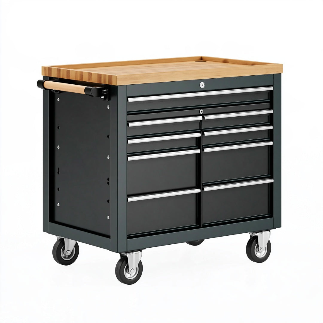 Carrello portautensili 92 x 46 x 94 cm in acciaio nero con piano in legno - 7 cassetti e ruote