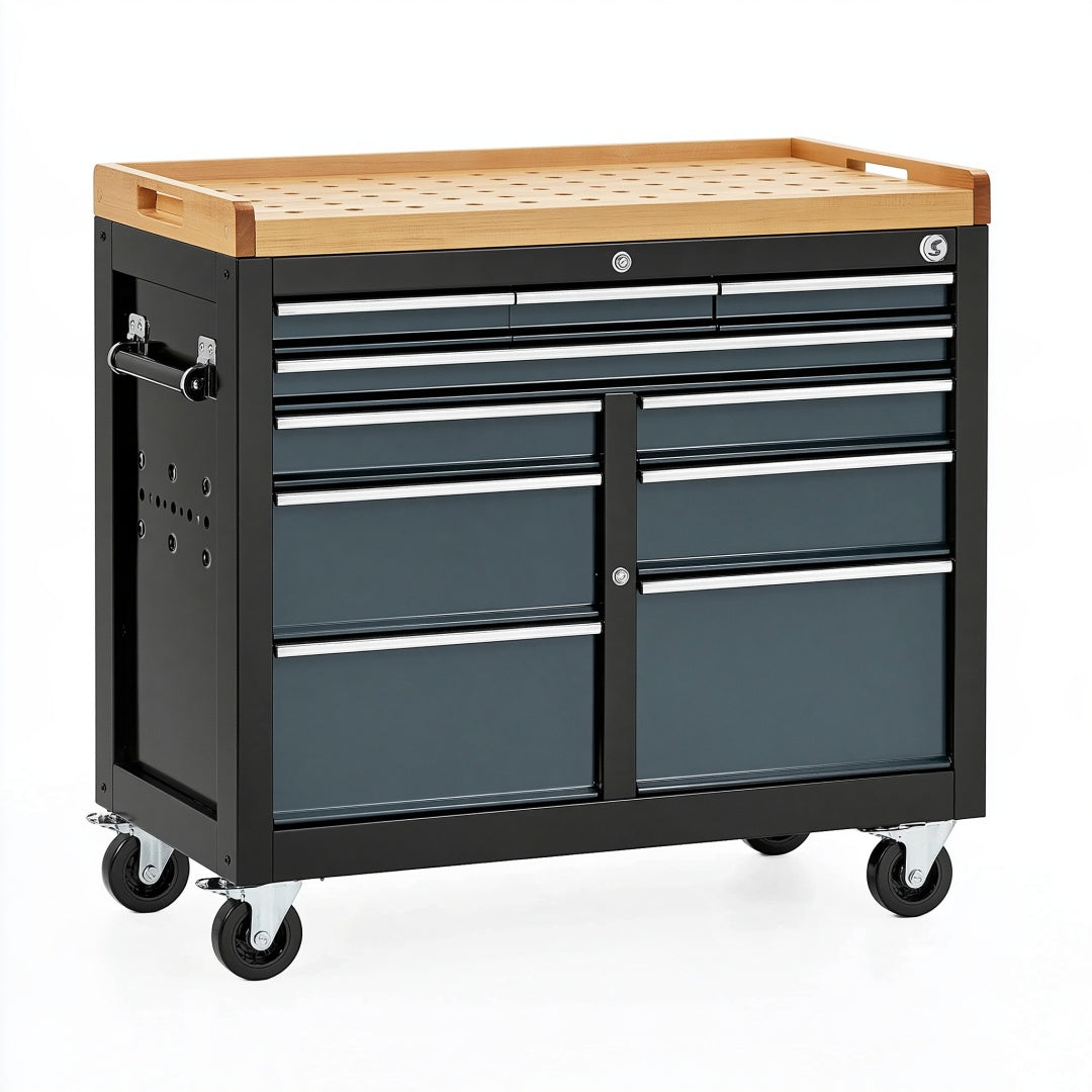 Cassettiera portautensili 100 x 50 x 95 cm in acciaio nero con piano in legno - mobile officina su ruote