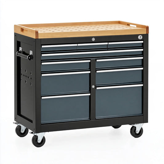 Cassettiera portautensili 100 x 50 x 95 cm in acciaio nero con piano in legno - mobile officina su ruote