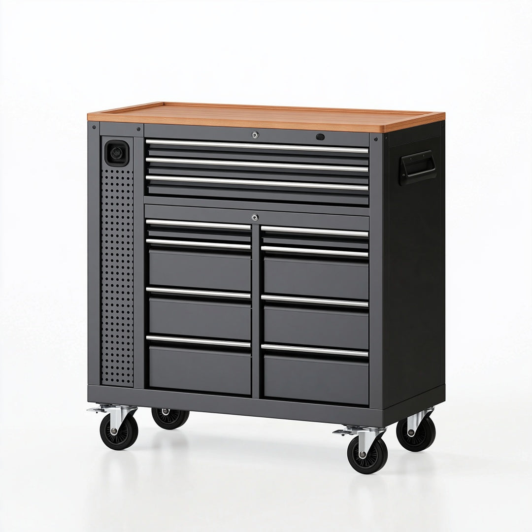 Carrello portautensili 90 x 50 x 100 cm in acciaio nero con piano effetto legno e ruote